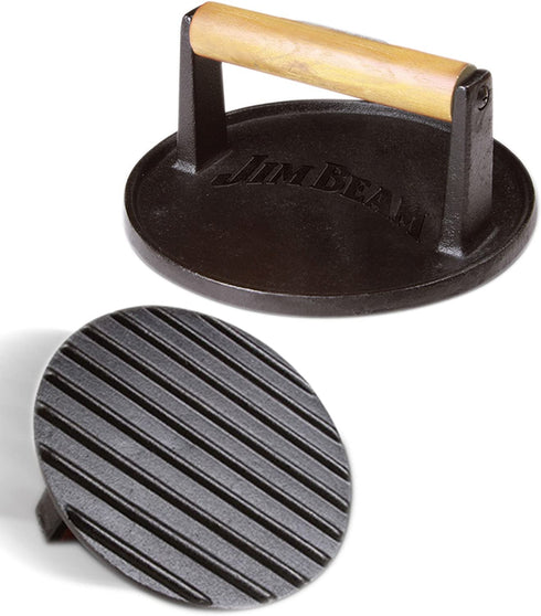 Jim Beam JB0158 Black Cast Iron Burger Press - 7'' Heavy Duty Burger Press with Solid Wood Handle