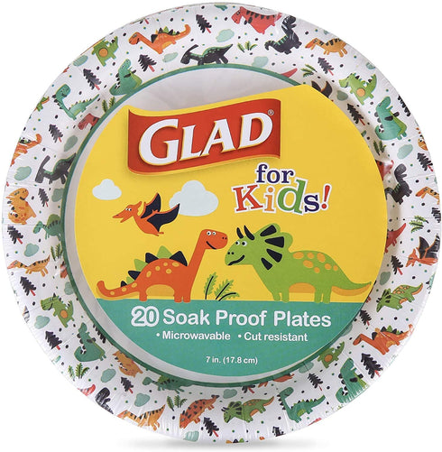 Glad for Kids Dinosaur Paper Plates, 20 Count - 6 Pack | Small Round Paper Plates With Cute Dinosaur Design for Kids | Heavy Duty Disposable Soak Proof Microwavable Paper Plates for All Occasions, 7 I