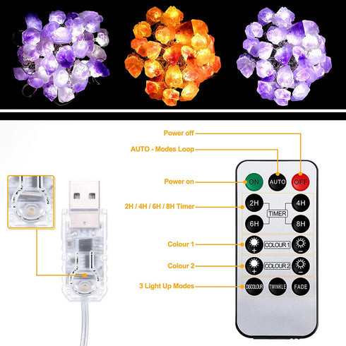 Decorative String Lights, Fluorite Amethyst String Lights Natural Crystal Light 10 ft 30 LEDs Fairy String Light Dreamy Crystal Decoration with USB and Battery Powered for Bedroom (Purple Amethyst)