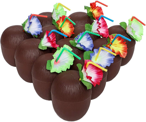 Juvale 12-Pack 16 Ounce Plastic Coconut Cups with Straws, Hawaiian Tropical Luau Party Supplies