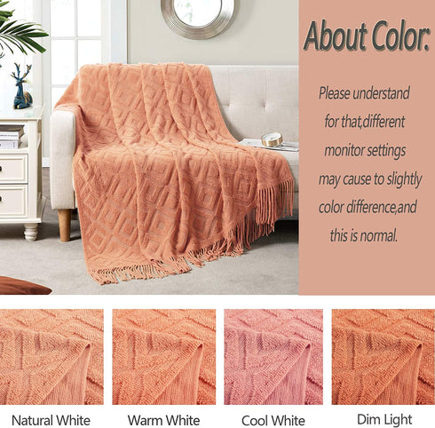 BRSnugU Throw Blanket for Couch,Warm & Cozy Fluffy Acrylic Knitted Bed Throws with Tassels for Sofa,Decor,Travel,All Seasons Suitable for Adults and Kids,50"x60",Coral