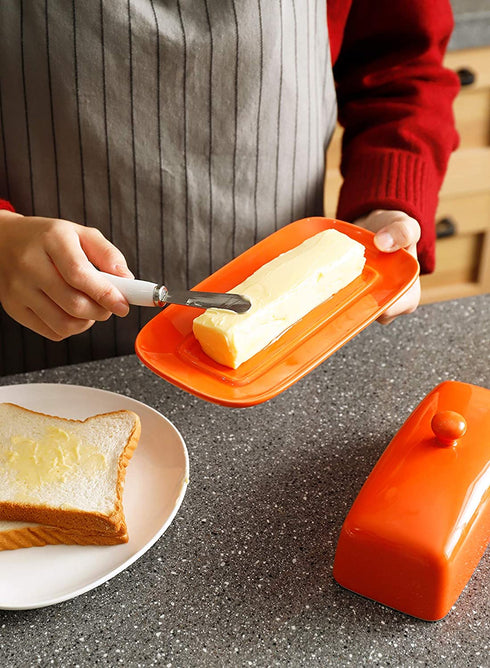 Sweese 307.106 Porcelain Butter Dish with Lid, Perfect for East West Coast Butter, Orange