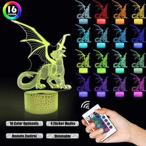 Lampeez Kids 3D Dragon Night Light Optical Illusion Lamp with 16 Colors Remote Control Changing Birthday Xmas Valentine's Day Gift Idea for Boys and Girls