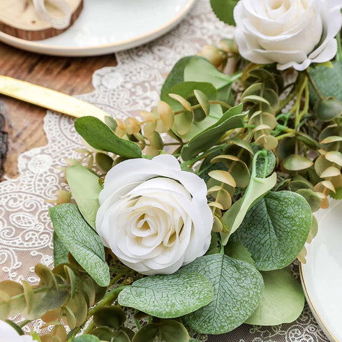TOPHOUSE Artificial White Rose Garland 6.5ft Eucalyptus Flower Garland Real Touch White Rose Vine for Mantle Table Centerpiece