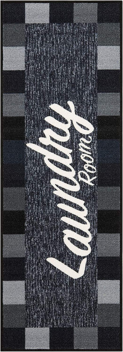 Ottomanson Laundry Collection Checkered Border Rubberback Runner Rug, 20" x 59", Black