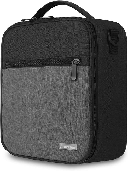 Lunch Box with Padded Liner,Amersun Spacious Insulated Lunch Bag Durable Thermal Lunch Cooler Pack with Strap for Men Women Boys Girls Adults School Sport Beach Picnic Work Camp,2 Pocket(Black Gray)