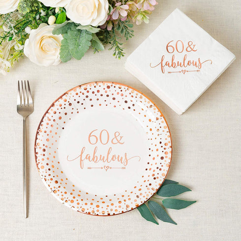 Crisky 60 Fabulous Disposable Plates for Women 60th Birthday Decorations Rose Gold Dessert, Buffet, Cake, Lunch, Dinner Disposable Plates 60th Birthday Party Table Supples, 50 Count, 9 inches