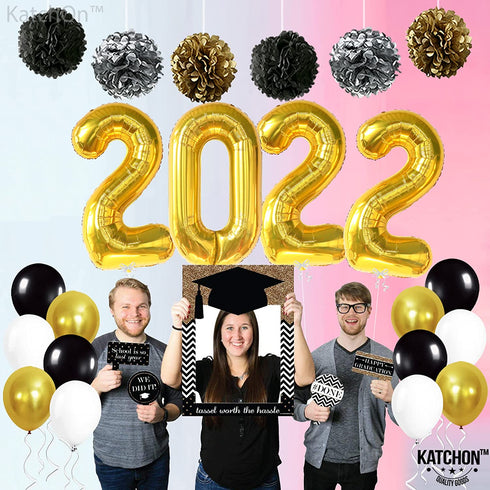 Giant Gold 2022 Balloons Numbers - Large 40 Inch, Graduation Balloons 2022 Foil with Pompoms | Black and Gold Graduation Decorations | Graduation Party Decorations 2022 | Class of 2022 Decorations