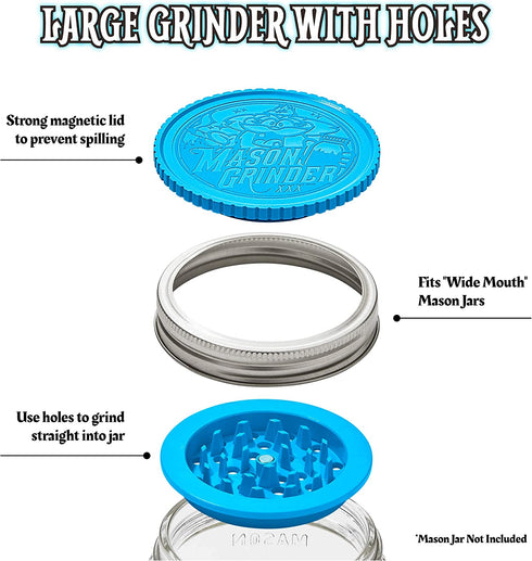 2 Piece Herb Grinder with Holes by Mason Grinder - Large Mouth - 2 Piece Herb Grinder with Holes - Fits on Wide Mason Jars (Jar Not Included)