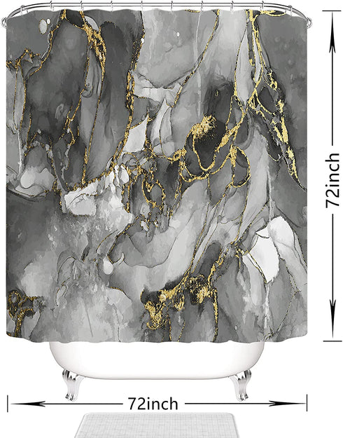DOMOKU Marble Shower Curtain Black Grey Gold Luxurious Golden Cracked Lines Abstract Pattern Texture Modern Marble Shower Curtain Painting with 12Hooks 72x72Inch