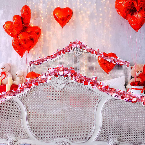 Fovths 32.8 Feet Valentines Tinsel Garland Metallic Tinsel Twist Garland with Red String Lights Valentines Tree Hanging Garland Decoration for Valentine Indoor Outdoor Decorations (Red, Pink, White)