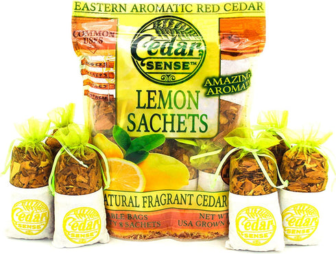 Cedar Sense Lemon Essential Cedar Sachets 8 Pack Essential Oil Infused Cedar Chips Car Air Freshener Closet Freshener Potpourri Bags Air Fresheners Sachets for Drawers and Closets
