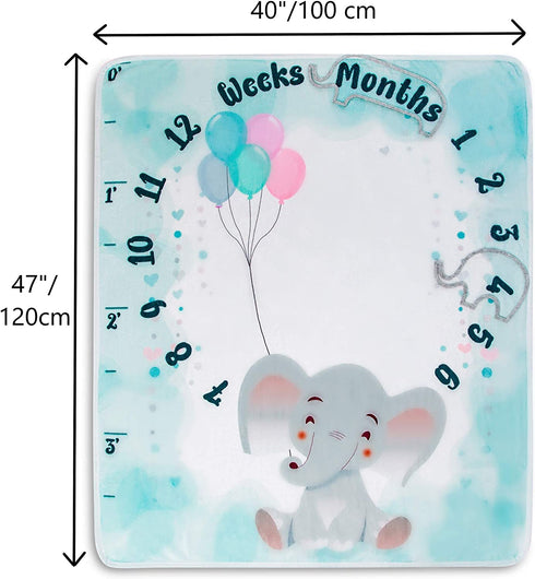 Baby Monthly Milestone Blanket - Special Design Elephant Frames, Soft Unisex Blankets with Growth Chart Ruler, Best for Baby Shower, Registry, Newborn Gifts, Baby Girl Gifts, Baby Boy Gifts