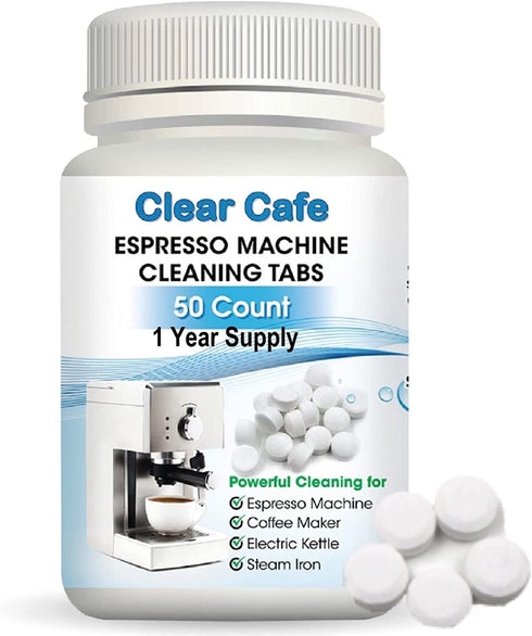 Espresso Machine Cleaning Tablets - Espresso Machine Cleaner - 50 Count 1 Year Supply - Best for Breville Miele Keurig Krups Jura Espresso Coffee Makers - Espresso Machine Accessories -Clear Cafe