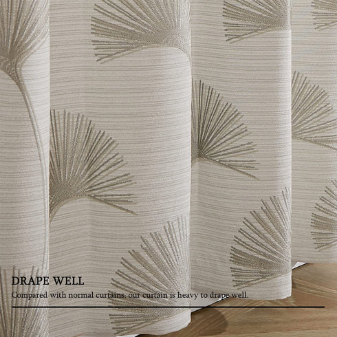 Thermal Insulated Curtains with Palm Leaves Pattern Darkening Grommets Drapes Linen Textured in Modern Jacquard Window Curtain for Living Room and Bedroom (2 Panels, W 52×L 96 Inches Length, Beige)