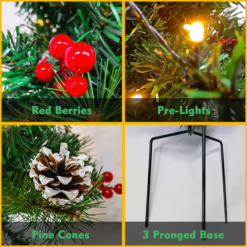 OBABA 2 Pack 30 Inch Outdoor Pathway Christmas Trees Battery Operated Pre-Lit Artificial Tree Decoration with 60 LED Lights,Holiday Décor for Porch,Driveway,Red Berries,Pine Cones,Red Ball Ornaments