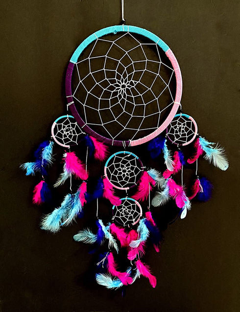 OMA Dream Catcher - Hand Made Traditional Tie Dye Colors Turquoise, Pink & Purple Feathers - 9" Diameter & 30" Long
