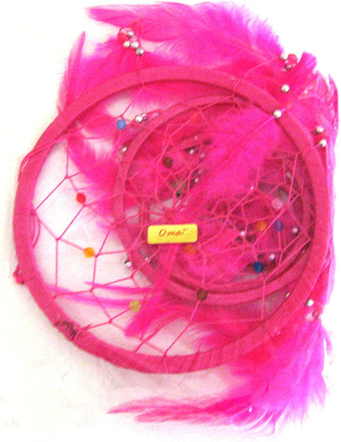 OMA Dream Catcher - Hand Made Traditional Tie Dye Colors Turquoise, Pink & Purple Feathers - 9" Diameter & 30" Long