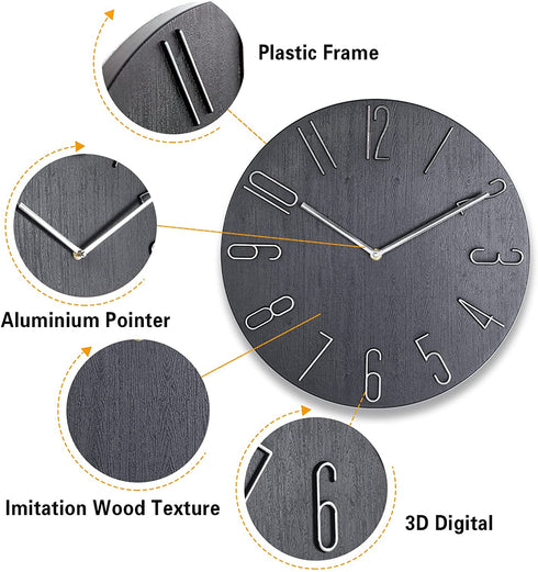 14 inch Modern Wall Clock Minimalist Block Silent and Non-Ticking Imitation Wood 3D Round Stereo Digital Indoor Clock, Family Living Room, Kitchen, Bedroom, Office, Hotel