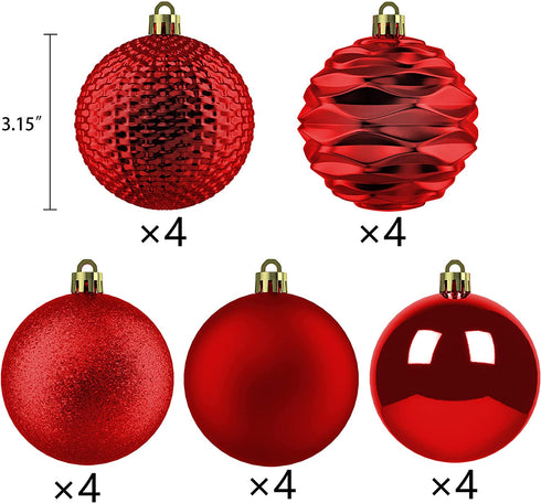 Blivalley 20ct Christmas Ball Ornaments 3.15" Shatterproof Christmas Decorations for Xmas Tree, Holiday, Wedding, Party Christmas Balls Set with Strings(3.15", Red)