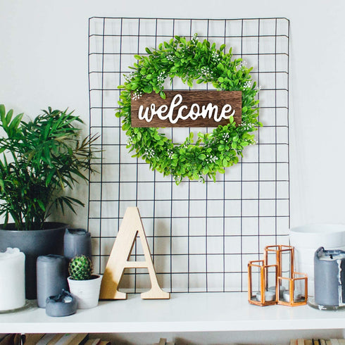 Lvydec Artificial Boxwood Wreath - 15" Welcome Wreath with Wooden Welcome Sign and White Flower Green Wreath for Front Door Window Home Decoration