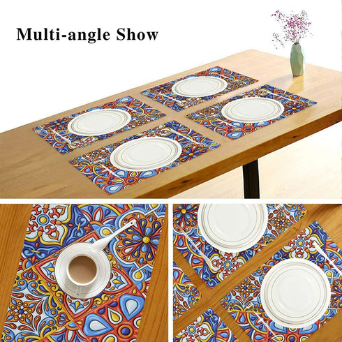 Qilmy 4 Pack Place Mats Non-Slip Dining Table Mat Heat-Resistant Reversible Placemat Double Sided Washable Placemats for Kitchen/Party/Restaurant 12" x 18", Mexican Talavera Folk Tile