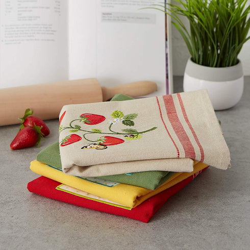 DII Cotton Embellished Dish Towels, 18x28 Set of 4, Decorative Oversized Kitchen Towels, Perfect Home and Kitchen Gift-Strawberry Patch