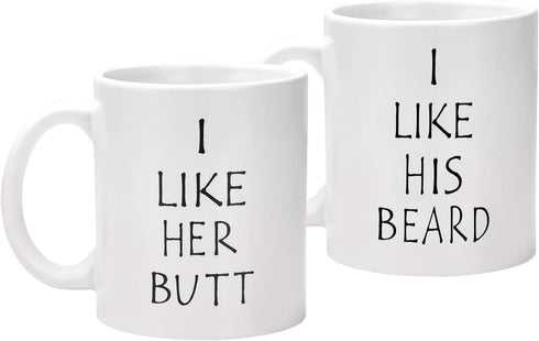 I Like His Beard, I Like Her Butt Couples Funny Coffee Mug Set Wedding Gifts Couples Gifts Engagement Gifts for His and Hers Best Gifts For Husband and Wife Coffee Cups 11oz (Beard, 11 oz)