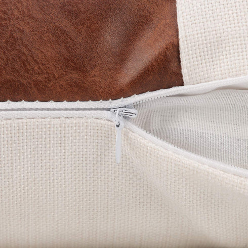 cygnus Set of 2 White Linen Patchwork Faux Leather Throw Lumbar Pillow Covers for Couch Living Room Bedroom,Modern Accent Decor Lumbar Cushion Covers 12X20 inch, Brown and White