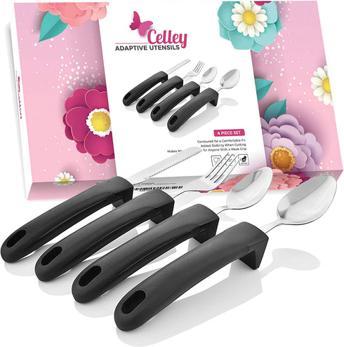 Adaptive Eating Utensils by Celley for Parkinson's, Arthritis, MS, Elderly, Hand Tremors, Handicapped | 4pc Easy Grip Silverware Stainless Steel Knife, Fork, 2 Spoons – (Black)