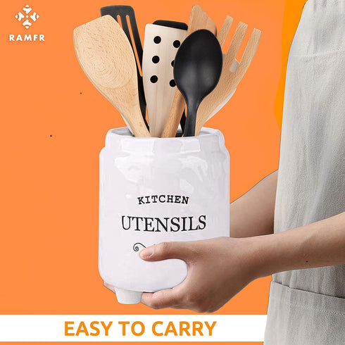 Ceramic Utensil Holder for Countertop , Utensil Holder Farmhouse Utensil Crock for Kitchen & Dining Table, White Cooking Utensil Holder, Spatula Holder with Relief Design