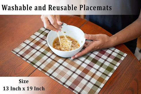 Ruvanti Placemats for Dinning Table. 100% Cotton 13x19 Inch Placemats Set of 6, Brown Check Woven Placemats. Tablemats for Farmhouse, Spring placemats, Tablemats for Christmas / Thanksgiving Dinners.