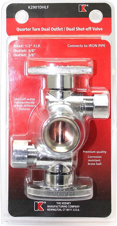 Quarter Turn 3 Way Valve 1/2-Inch FIP by 3/8-Inch OD by 3/8-Inch OD Dual Handle, Lead-Free