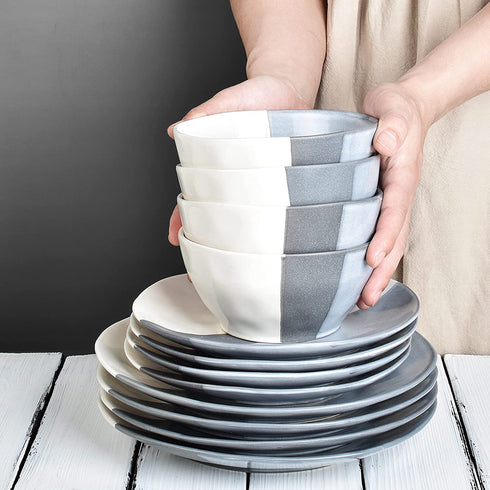 Bosmarlin Ceramic Soup Bowl Set of 4, 28 Oz, Cereal Bowl for Oatmeal, Dishwasher and Microwave Safe, Geometric Pattern (Grey, 6 inches)