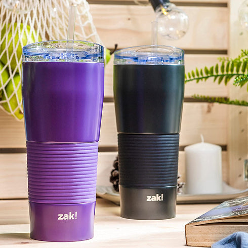 Zak Designs Lynden 28 oz Vacuum Insulated 18/8 Stainless Steel Travel Tumbler with Splash-Proof Lid, Includes Reusable Plastic Straw and Fits in Car Cup Holders, Viola