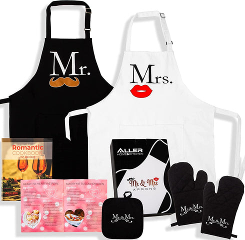 Mr and Mrs Aprons Kitchen Bundle - Includes Adjustable His and Her Aprons, Date night Cookbook, 2 Oven Mitts & 1 Pot Holder - Perfect Newlywed Gift for Bridal Shower, Housewarming & Weddings