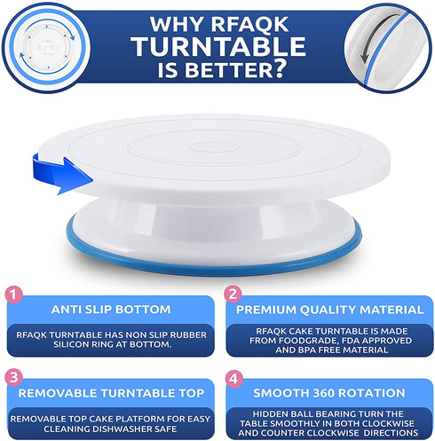 RFAQK 35PCs Cake Turntable and Leveler-Rotating Cake Stand with Non Slip pad-7 Icing Tips and 20 Bags- Straight & Offset Spatula-3 Scraper Set -EBook-Cake Decorating Supplies Kit -Baking Tools