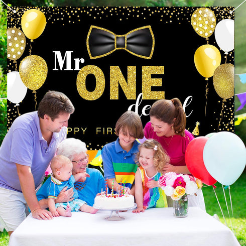 Boys 1st Birthday Mr. Onederful Party Decoration Photography Backdrop Boy Toddler Little Man First Birthday Cake Table Decor Banner(Black)