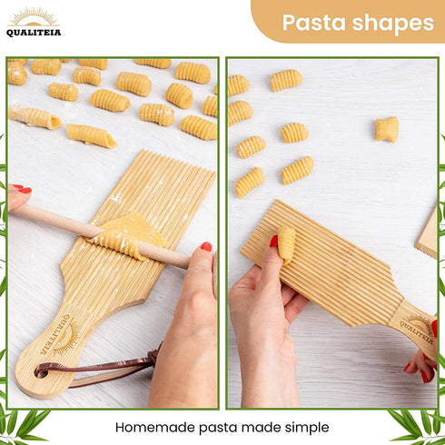 Gnocchi Board Set for Rolling Dough - 2 Pcs Paddles 2 Pcs Rollers 1 Pc Cutter - Bamboo Authentic Pasta Shaper Tools Butter Maker - Garganelli Cavatelli Tortellini Cavarola Roller - Great Cutlery Gift