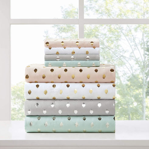 Intelligent Design ID20-1469Microfiber Wrinkle Resistant, Soft Sheets with 12" Pocket Modern, All Season, Cozy Bedding-Set, Matching Pillow Case, Twin, Metallic Dot White/Gold 3 Piece