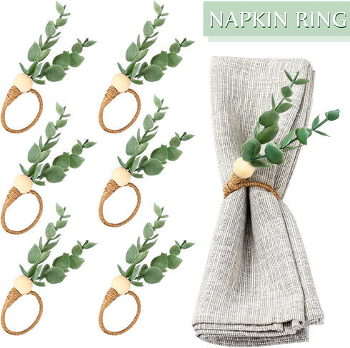 6 Pieces Eucalyptus Napkin Rings Handmade Wooden Beads Rustic Farmhouse Napkin Rings Set of 6 Home Decor Faux Greenery Napkin Holders for Weddings Family Gatherings Party