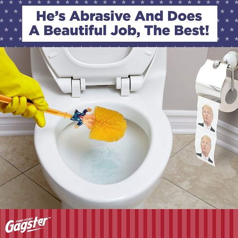 Donald Trump Toilet Brush and Trump Toilet Paper Roll Bundle - Funny Political Gag Gift Toilet Bowl Cleaner Scrubber with 3-Ply Bathroom Tissue Paper - Hilarious Trump Hair Unique Gift Idea