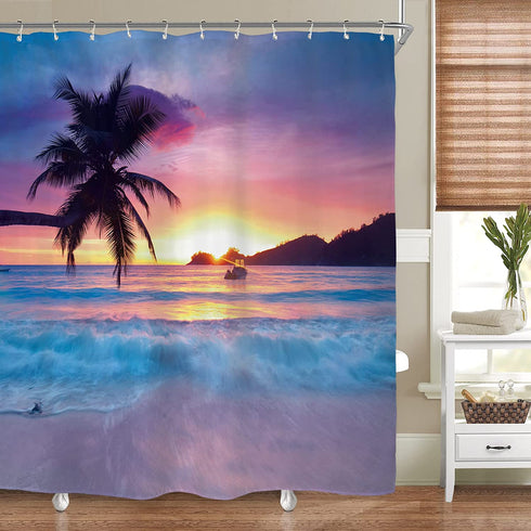 Riyidecor Beach Shower Curtain Ocean Sunrise Tropical Palm Tree Hawaiian Sunset Costal Scenery Sea Waves Summer Bathroom Home Decor Set Waterproof Polyester 72WX72H Inch 12 Pack Plastic Hooks WW-IHTB
