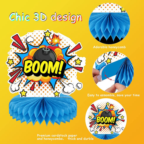 Set of 10 Hero Themed Party Decoration Superhero Honeycomb Centerpieces Hero Action Sign Table Centerpiece Fun Hero Theme Party Table Topper Decor for Happy Birthday Baby Shower Party Supplies Favor