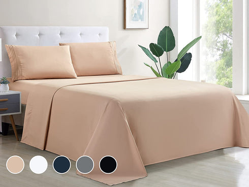 wavveUziz Bed Sheet Set Super Soft 100% Microfiber Sheet 1800 Brushed Microfiber Embroidered Full Size Bed Sheets 16-Inch Deep Pocket - 4 Piece, Beige