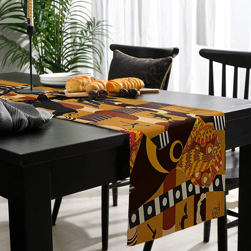 LeoHome African Black Woman Cotton Linen Rectangle Table Runners 13''x70'', Elephant and Giraffe Luxury Table Runners for Wedding Party Banquet Dinner Decor