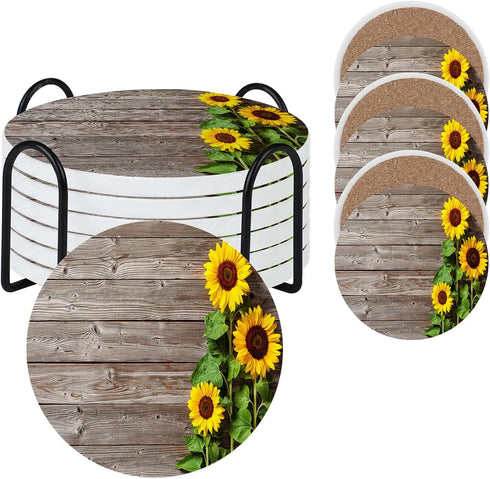 ZEREAA Sunflowers Absorbent Coasters for Drinks-Creamic Coaster with Holder, Set of 6 Wood Texture Ceramic Stone Cups Coaster with Cork Base for Coffee, Living Room Bar Office Table Decor