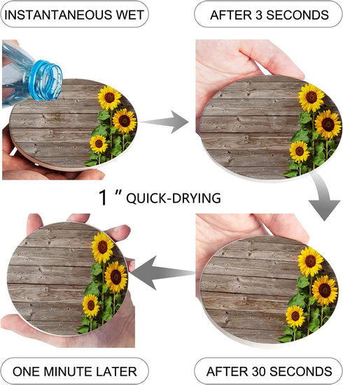 ZEREAA Sunflowers Absorbent Coasters for Drinks-Creamic Coaster with Holder, Set of 6 Wood Texture Ceramic Stone Cups Coaster with Cork Base for Coffee, Living Room Bar Office Table Decor