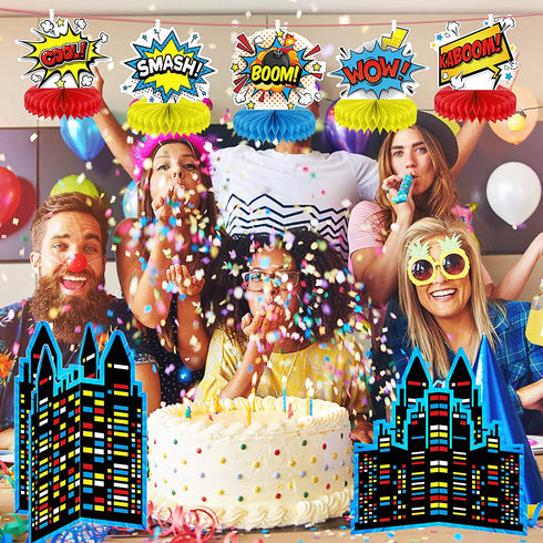 Set of 10 Hero Themed Party Decoration Superhero Honeycomb Centerpieces Hero Action Sign Table Centerpiece Fun Hero Theme Party Table Topper Decor for Happy Birthday Baby Shower Party Supplies Favor
