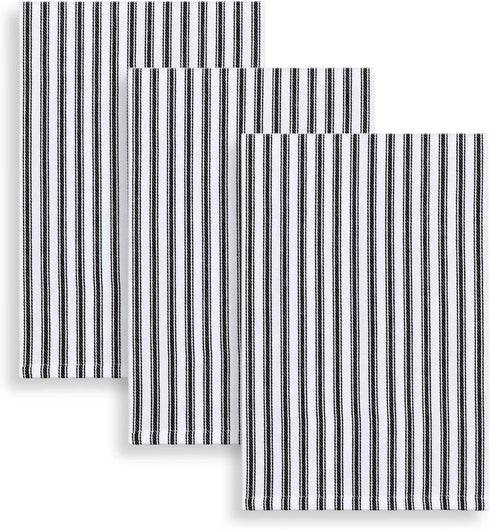 Cackleberry Home Black and White Ticking Stripe Kitchen Towels 18 x 28 Inches 100% Cotton Woven, Set of 3
